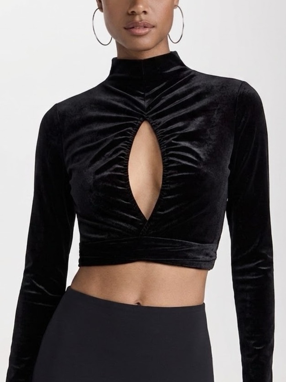Open Edit Black Velour Mock Neck Long Sleeve Top Size XS Peekaboo Keyhole Tie